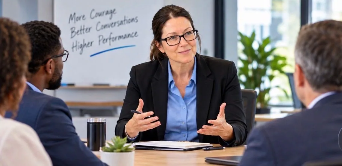 Jennifer Collymore leading a conversation with colleagues around a table in a modern meeting room