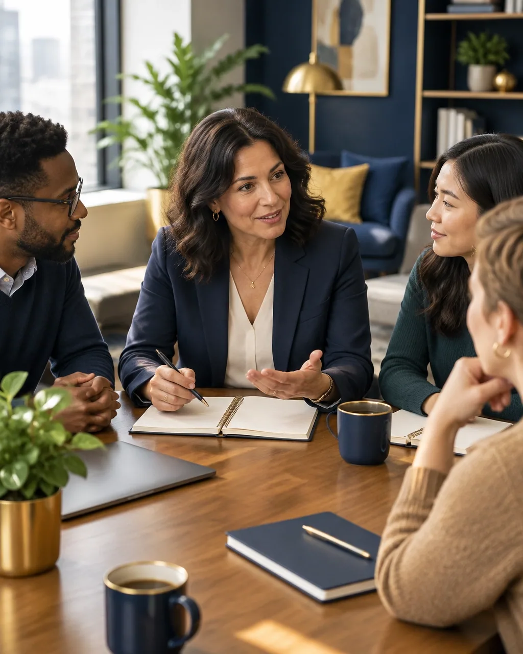 Executive leader reviewing a team check-in plan with colleagues