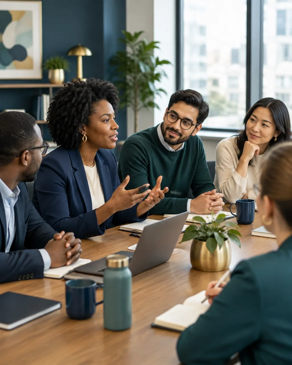 Diverse team members sharing ideas in a supportive workplace meeting