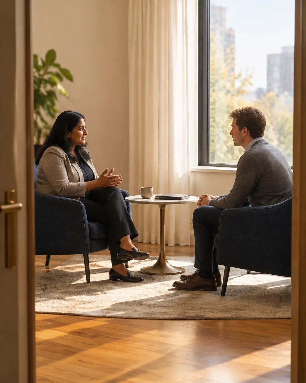A leader listening to a team member during a quiet one-on-one conversation at a small table