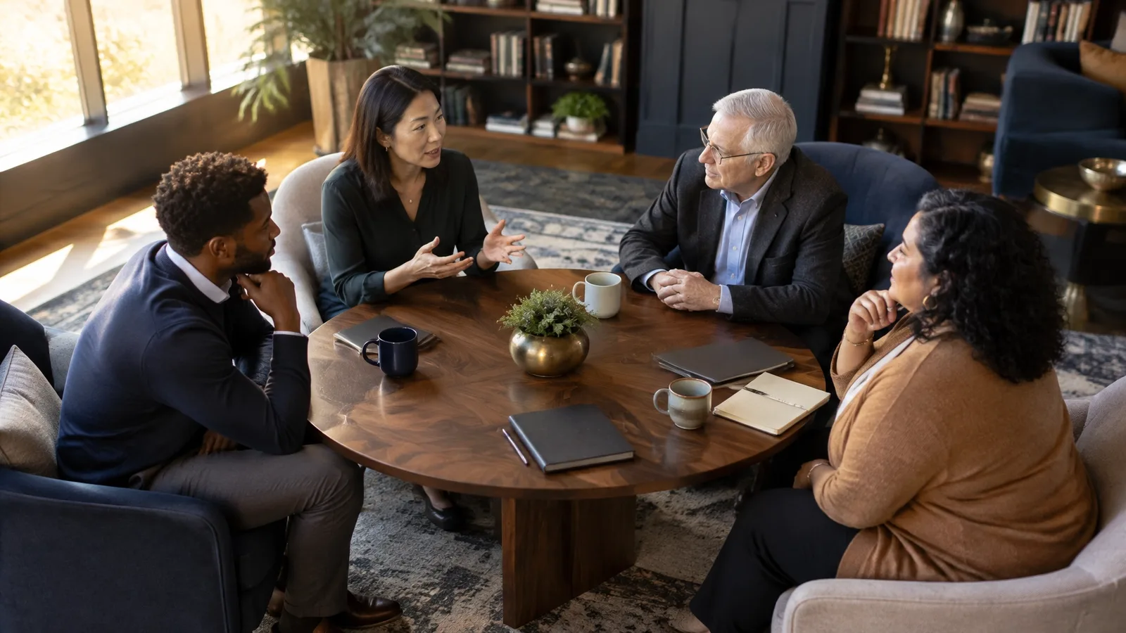 Four diverse colleagues leaning into a thoughtful peer conversation around a round table in a sunlit lounge