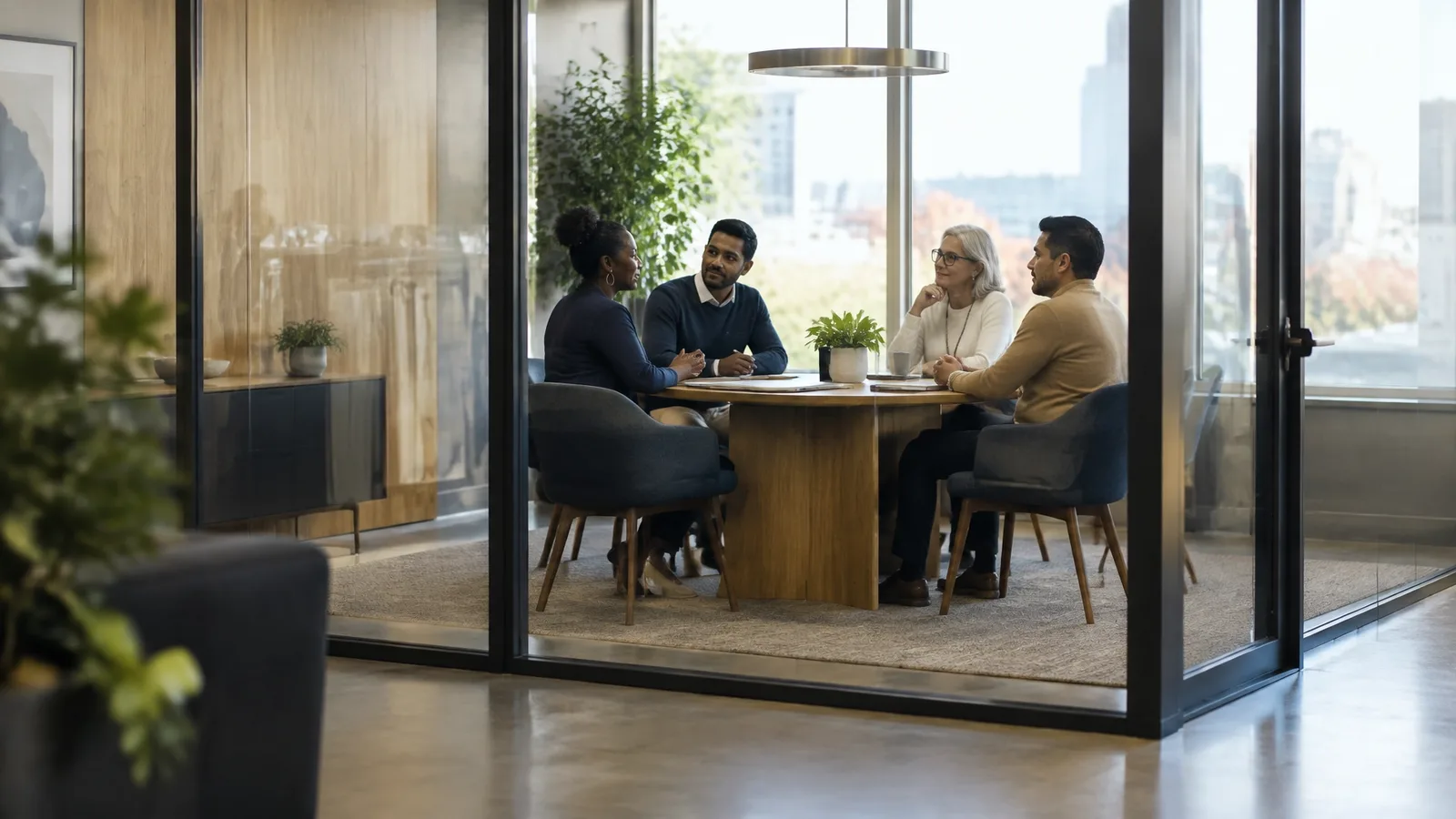 A diverse team mid-conversation around a table in a glass-walled meeting room, viewed from outside